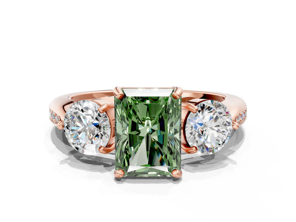 Rose gold Three-Stone Fancy Green Radiant Cut Diamond Channel Set Engagement Ring with Prong Setting