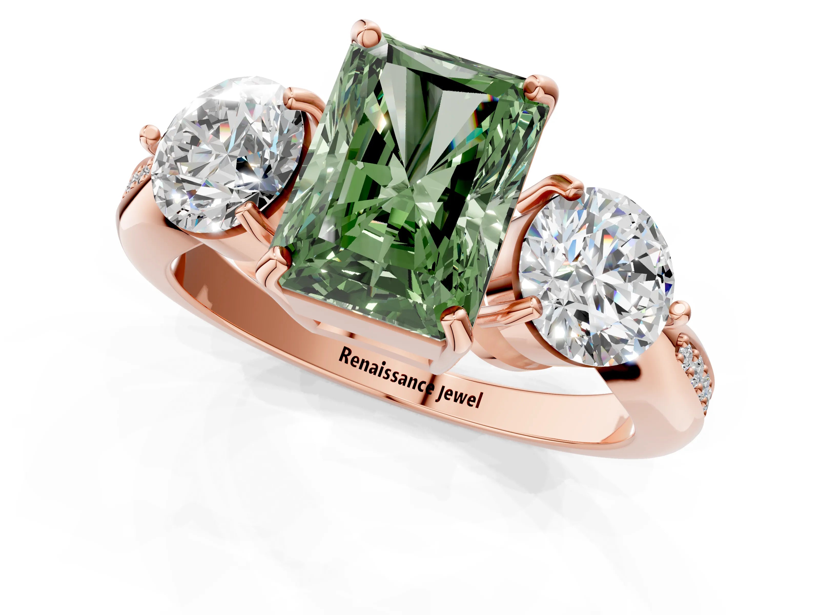 Rose gold Three-Stone Fancy Green Radiant Cut Diamond Channel Set Engagement Ring with Prong Setting_1