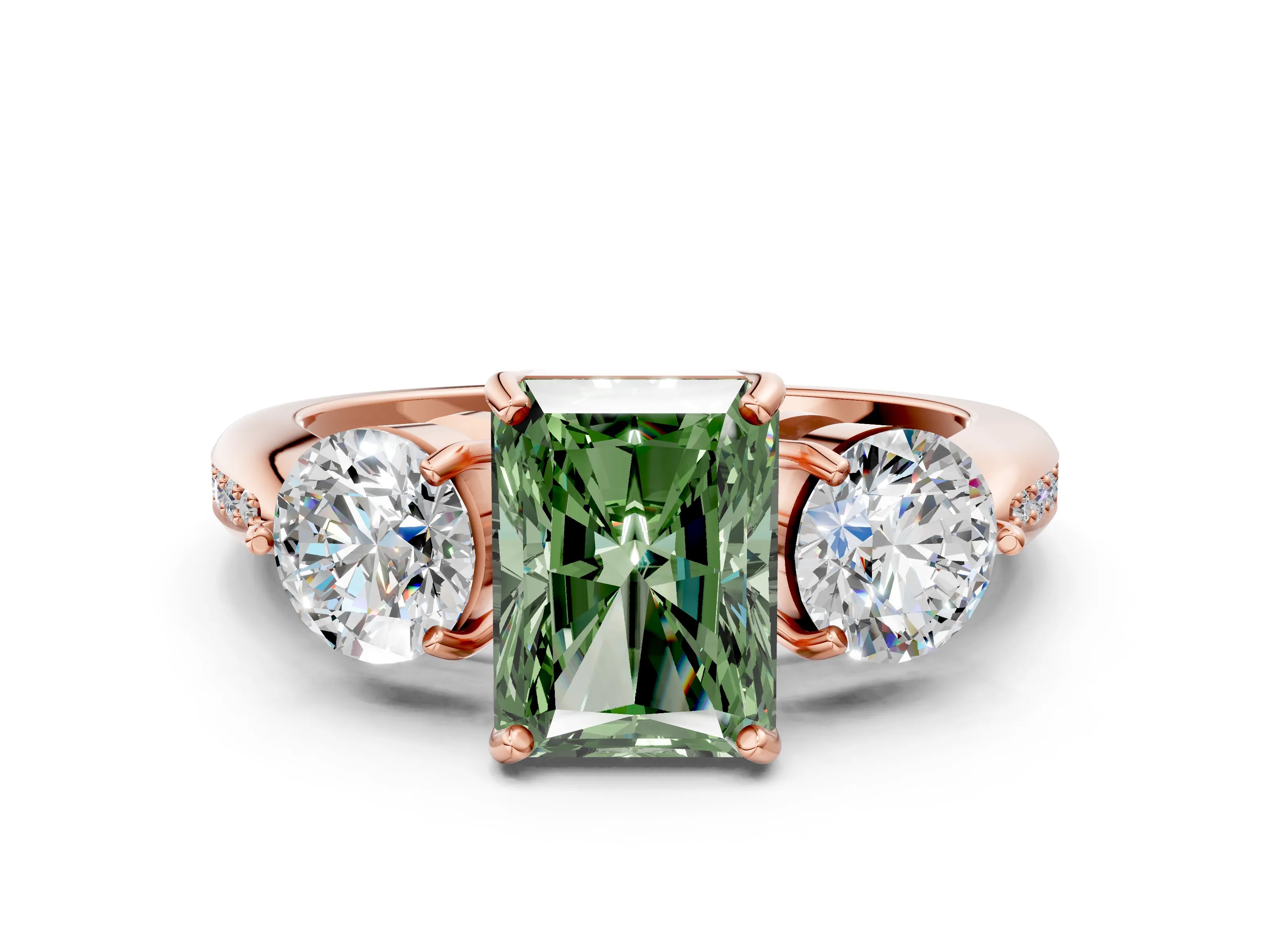 Rose gold Three-Stone Fancy Green Radiant Cut Diamond Channel Set Engagement Ring with Prong Setting_12