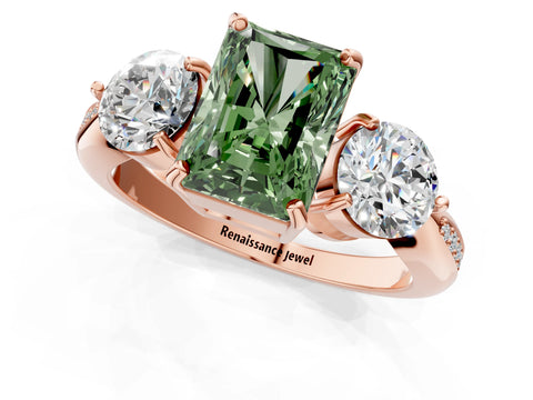 Rose gold Three-Stone Fancy Green Radiant Cut Diamond Channel Set Engagement Ring with Prong Setting_1