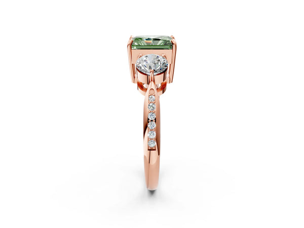 Rose gold Three-Stone Fancy Green Radiant Cut Diamond Channel Set Engagement Ring with Prong Setting