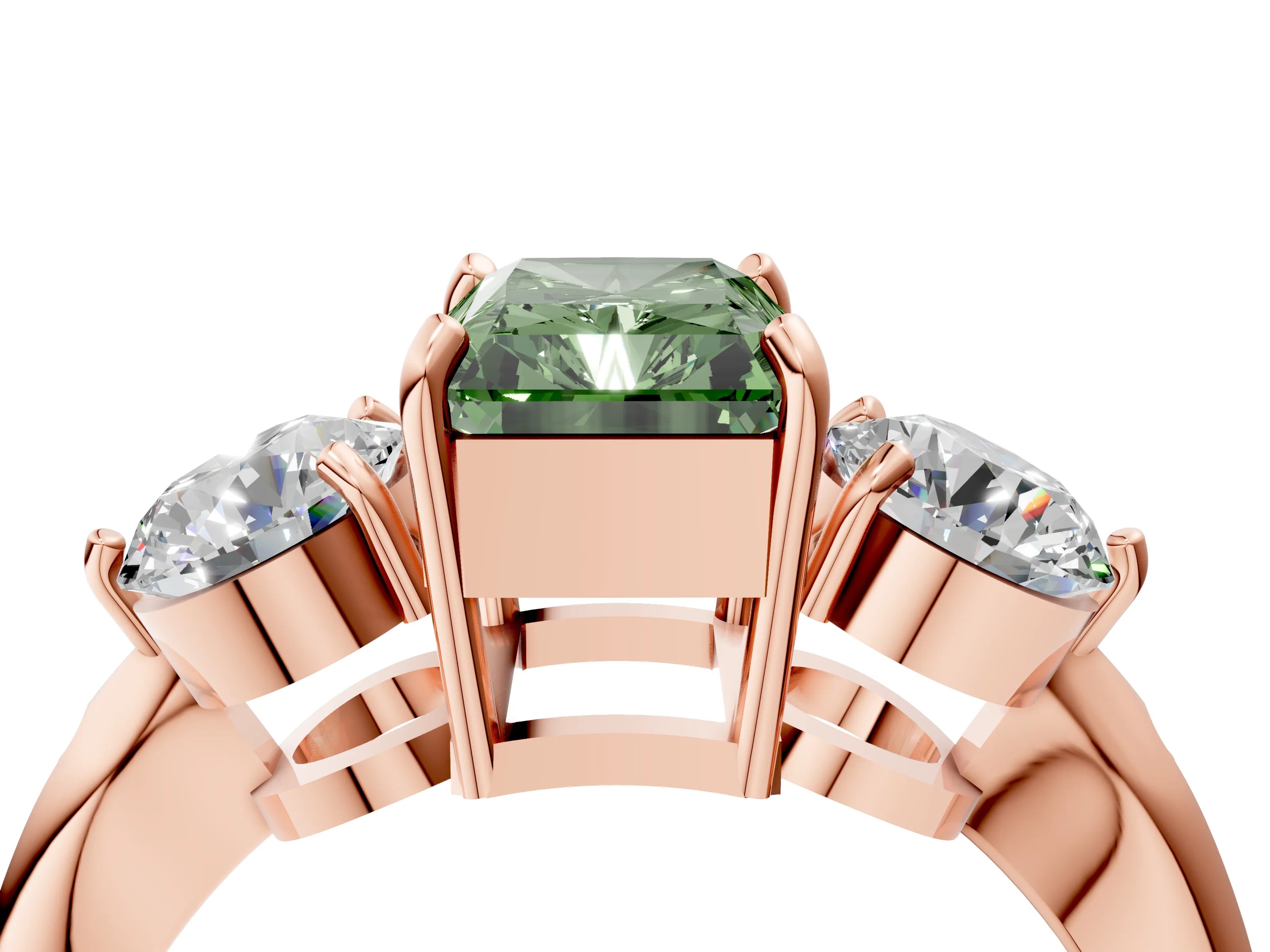 Rose gold Three-Stone Fancy Green Radiant Cut Diamond Channel Set Engagement Ring with Prong Setting_4