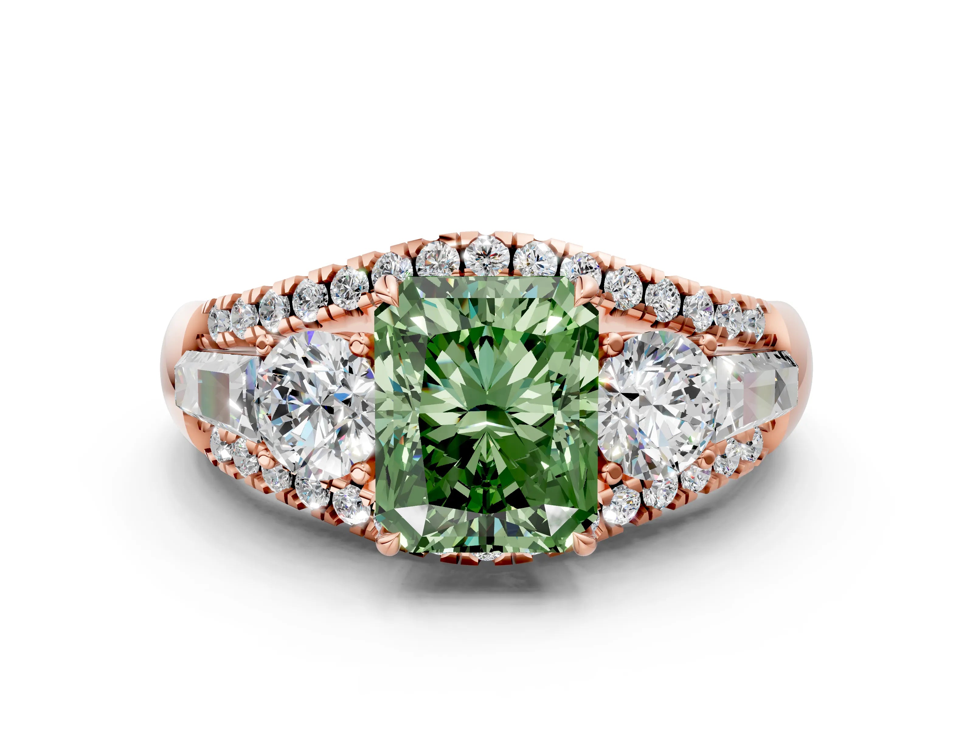 Rose gold Three-Stone Fancy Green Radiant Cut Diamond Engagement Ring with Pave Band and Prong Setting
