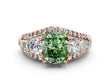 Rose gold Three-Stone Fancy Green Radiant Cut Diamond Engagement Ring with Pave Band and Prong Setting