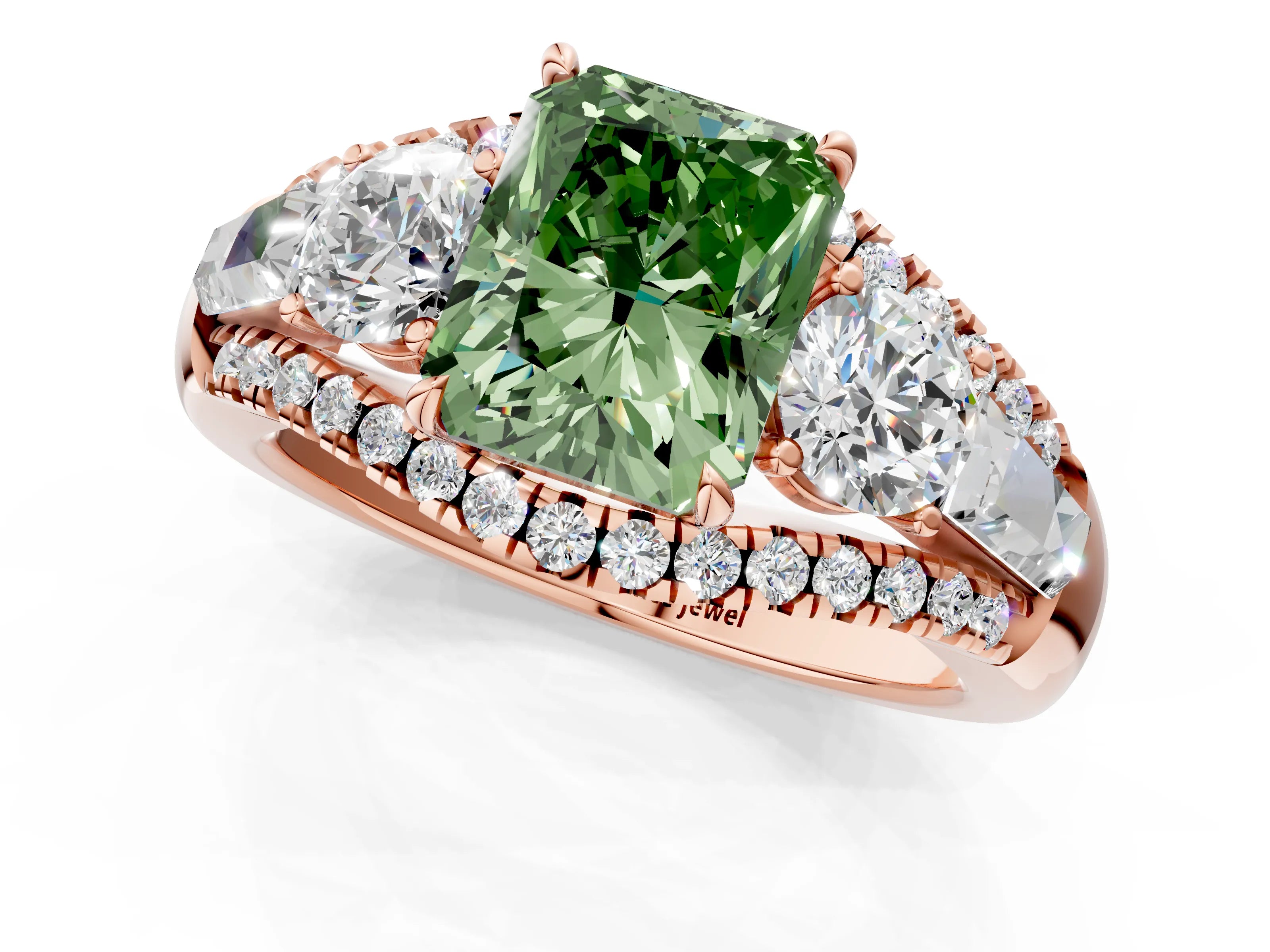 Rose gold Three-Stone Fancy Green Radiant Cut Diamond Engagement Ring with Pave Band and Prong Setting_1