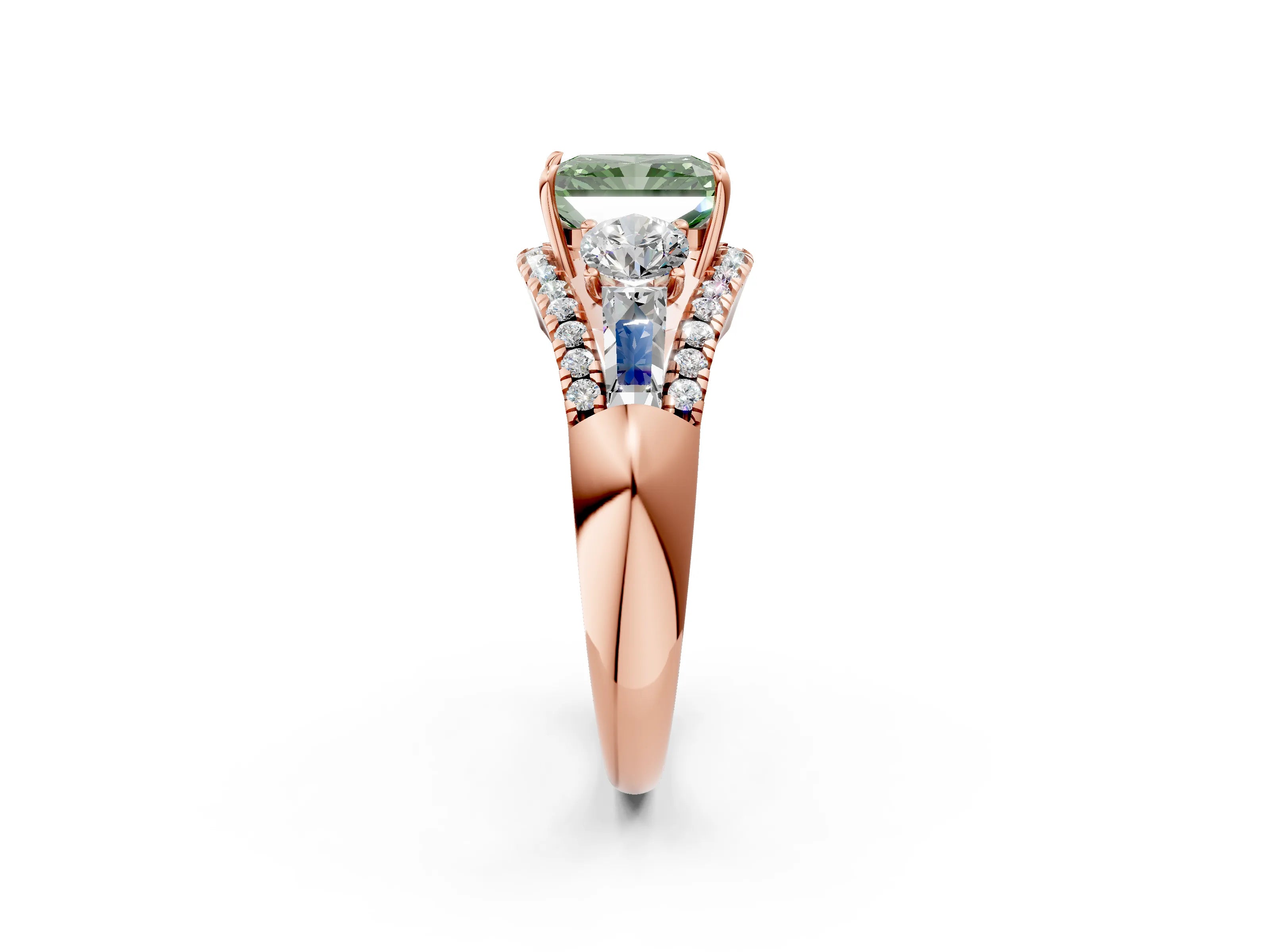 Rose gold Three-Stone Fancy Green Radiant Cut Diamond Engagement Ring with Pave Band and Prong Setting_2