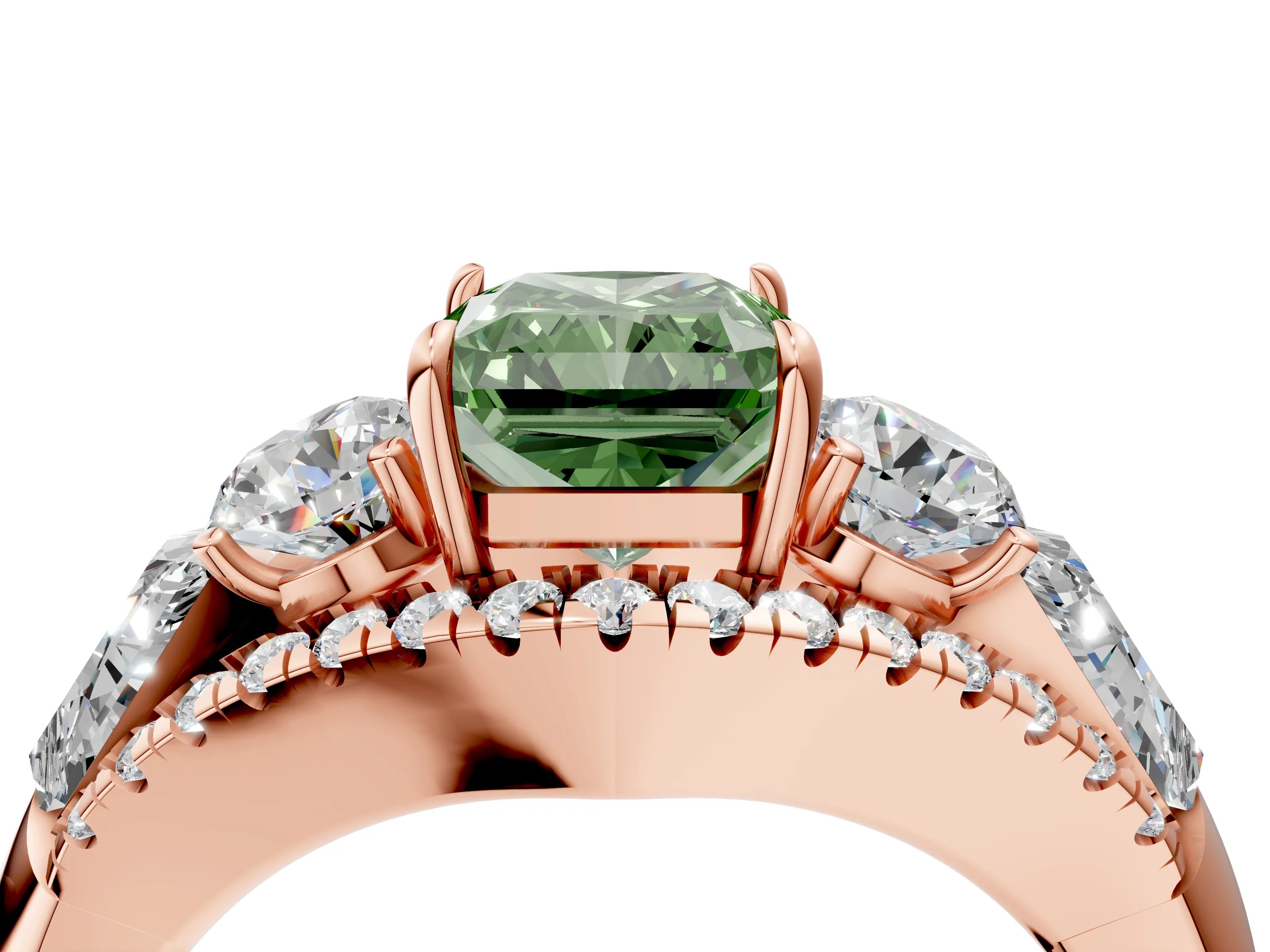 Rose gold Three-Stone Fancy Green Radiant Cut Diamond Engagement Ring with Pave Band and Prong Setting_4