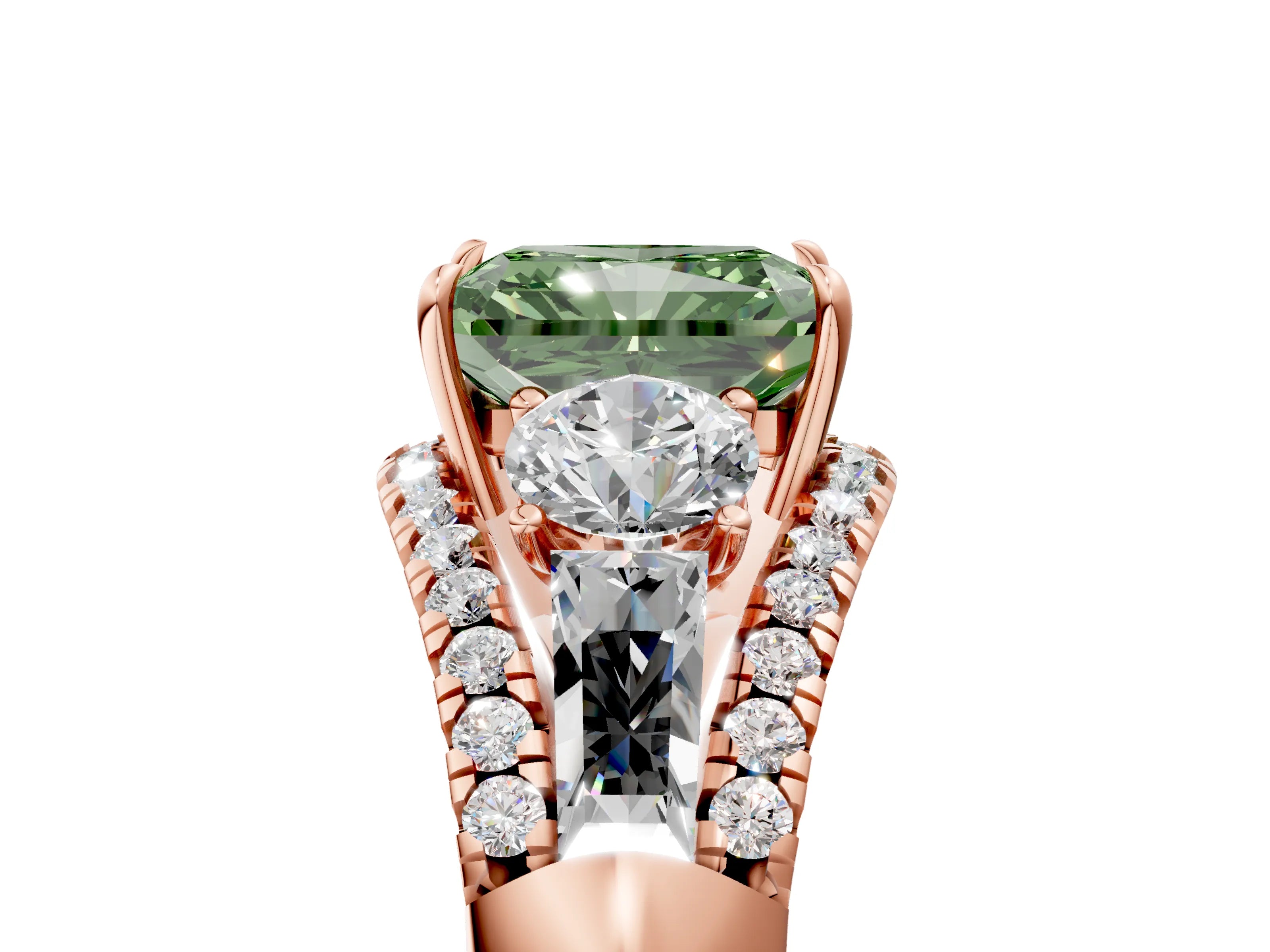 Rose gold Three-Stone Fancy Green Radiant Cut Diamond Engagement Ring with Pave Band and Prong Setting_5