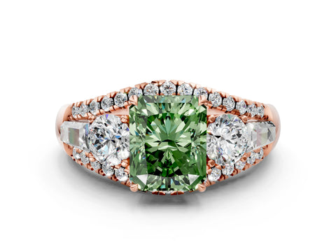 Rose gold Three-Stone Fancy Green Radiant Cut Diamond Engagement Ring with Pave Band and Prong Setting