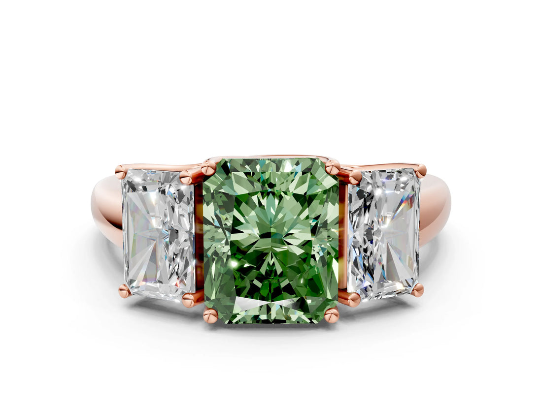 Rose gold Three-Stone Fancy Green Radiant Cut Diamond Engagement Ring with Prong Setting_3