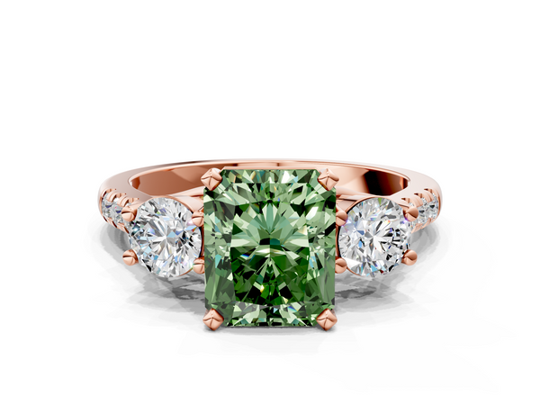 Rose gold Three-Stone Fancy Green Radiant Cut Diamond Pavé Band with Four-Prong Setting