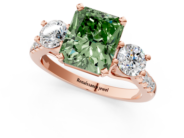 Rose gold Three-Stone Fancy Green Radiant Cut Diamond Pavé Band with Four-Prong Setting