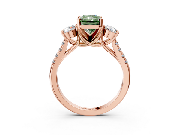 Rose gold Three-Stone Fancy Green Radiant Cut Diamond Pavé Band with Four-Prong Setting