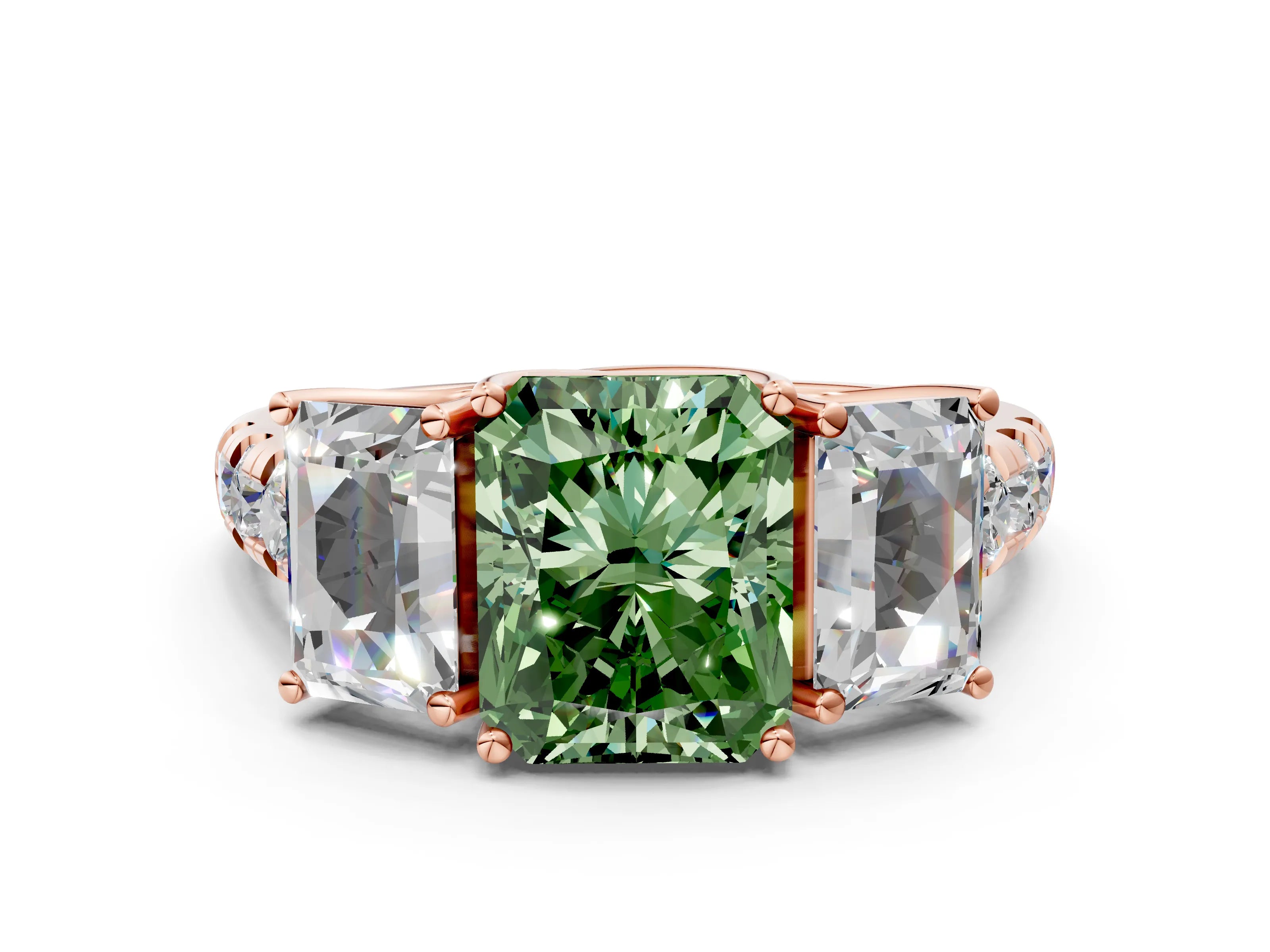Rose gold Three-Stone Fancy Green Radiant Cut Diamond Pavé Band with Prong Setting