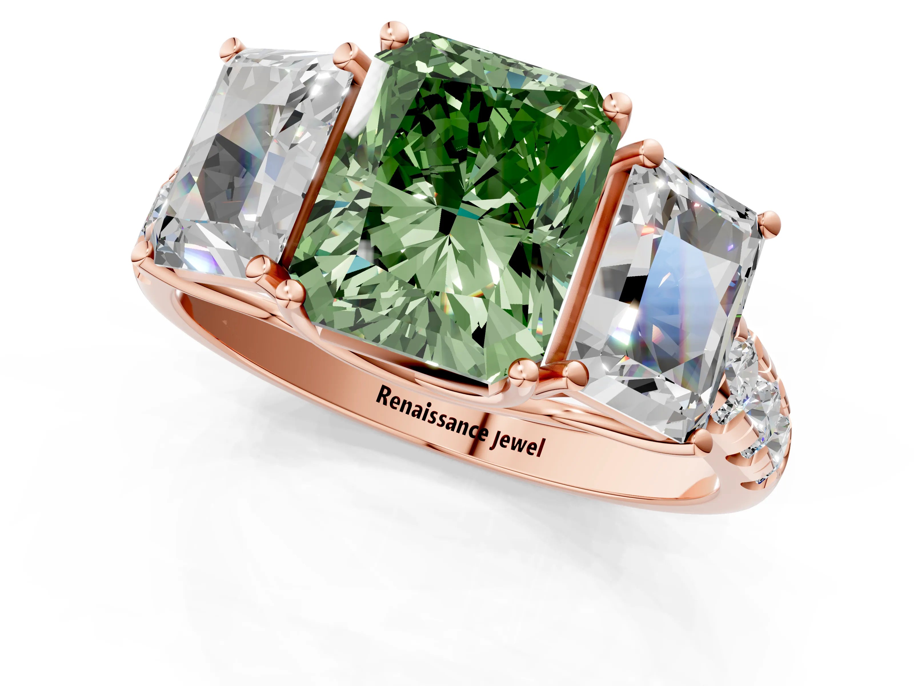 Rose gold Three-Stone Fancy Green Radiant Cut Diamond Pavé Band with Prong Setting_1