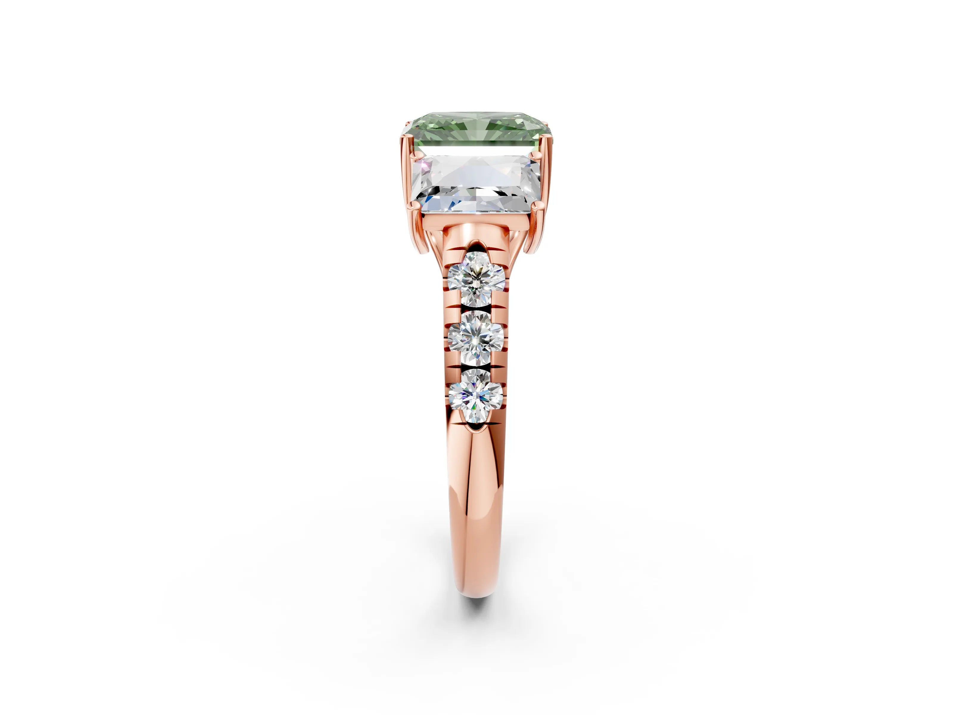 Rose gold Three-Stone Fancy Green Radiant Cut Diamond Pavé Band with Prong Setting_2