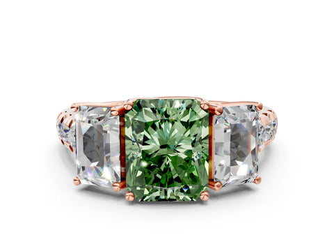 Rose gold Three-Stone Fancy Green Radiant Cut Diamond Pavé Band with Prong Setting