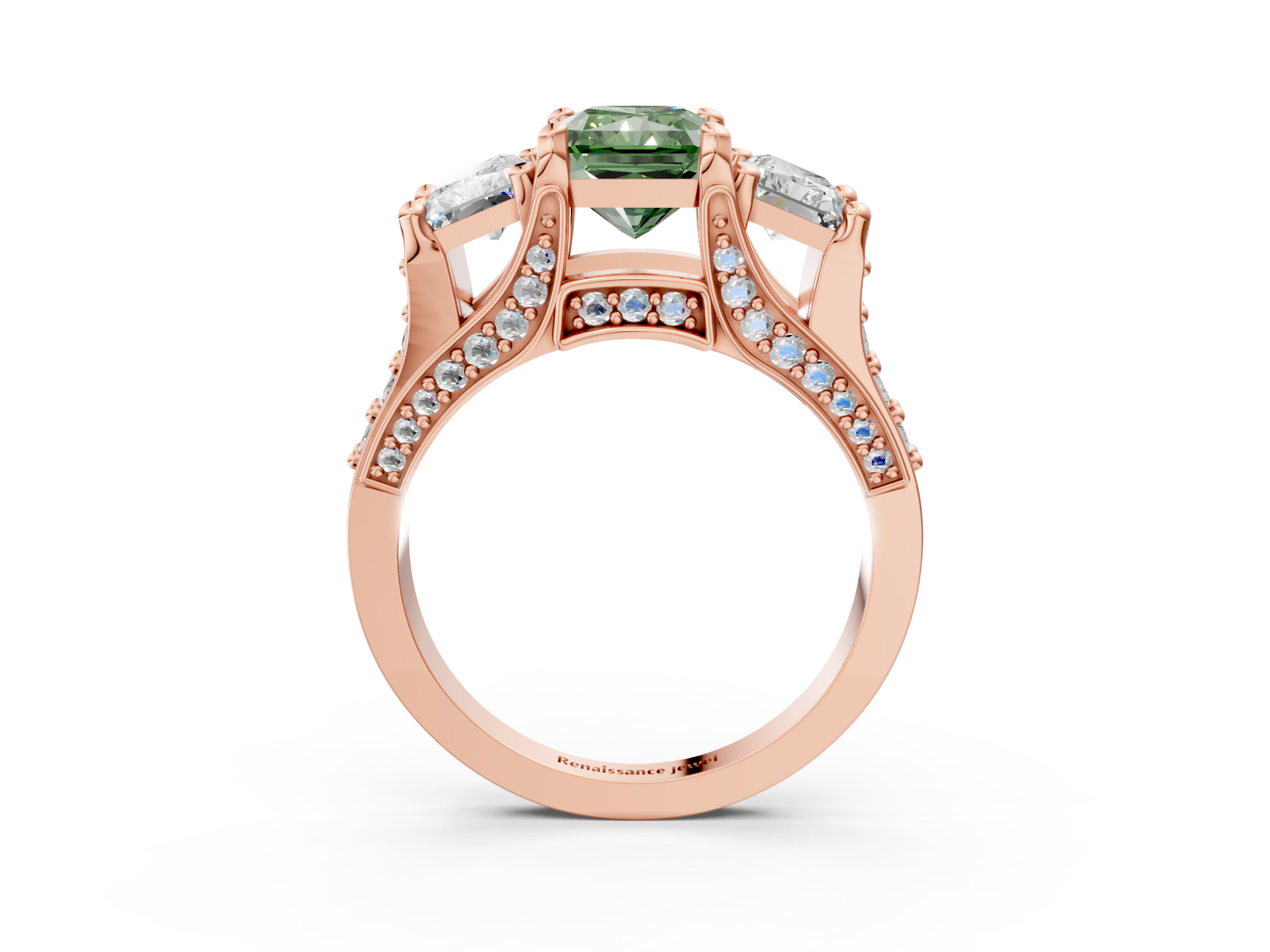 Rose gold Three-Stone Fancy Green Radiant  Cut Diamond Ring with Channel-Set Band and Four-Prong Setting_35