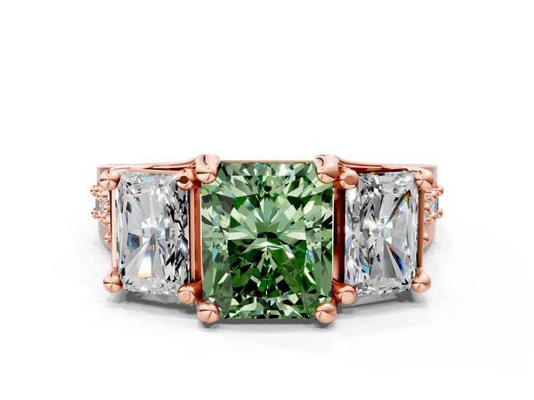 Rose Gold Radiant Cut Three Stone Pave Engagement Ring Setting for Fancy Green Center with Near-Equal Side Stones