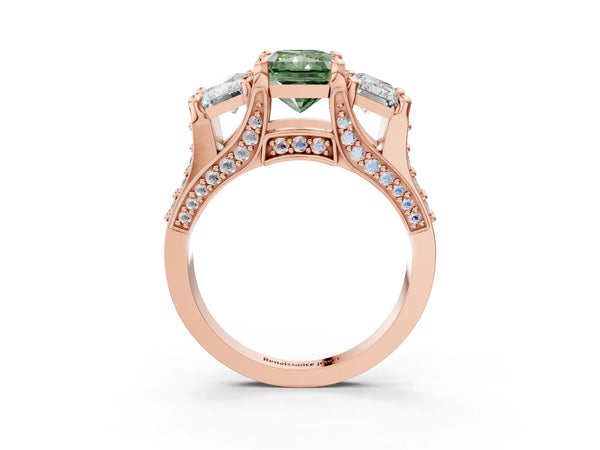 Rose Gold Radiant Cut Three Stone Pave Engagement Ring Setting for Fancy Green Center with Near-Equal Side Stones