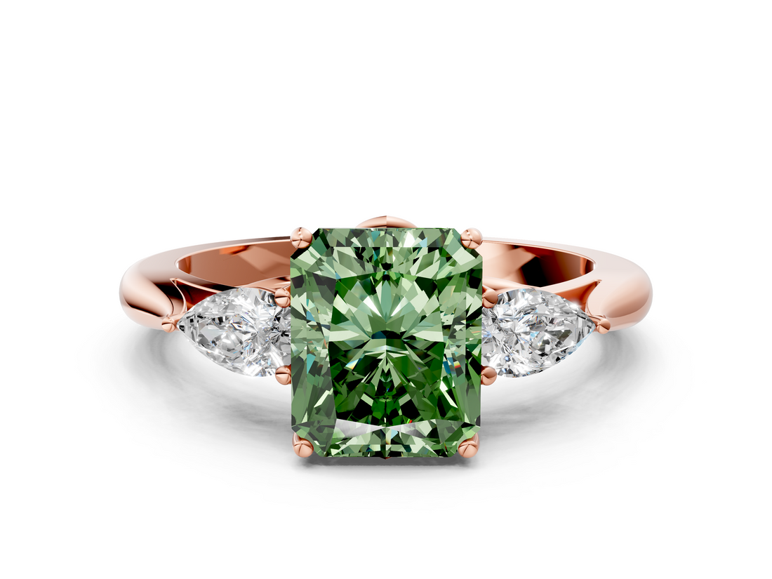 Rose gold Three-Stone Fancy Green Radiant  Cut Diamond Ring with Pear Side Stones in Four-Prong Setting_109