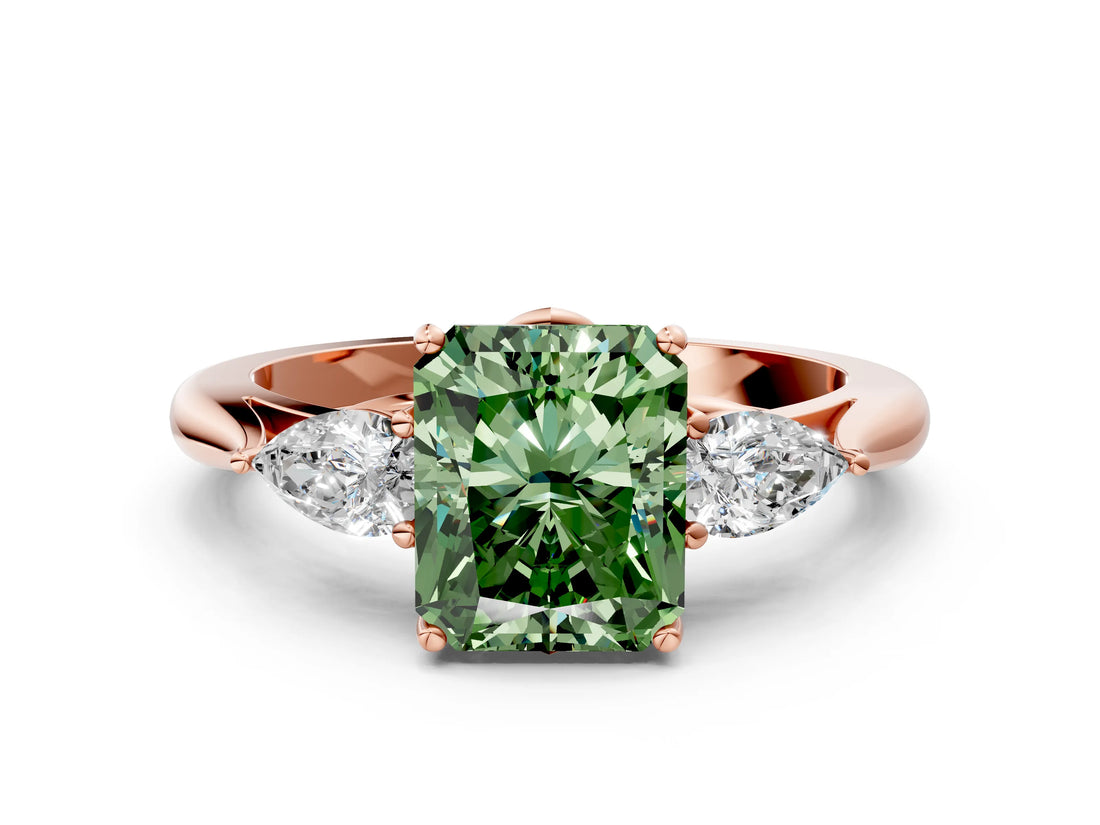 Rose gold Three-Stone Fancy Green Radiant Cut Diamond Ring with Pear  Side Stones in Four-Prong Setting_48