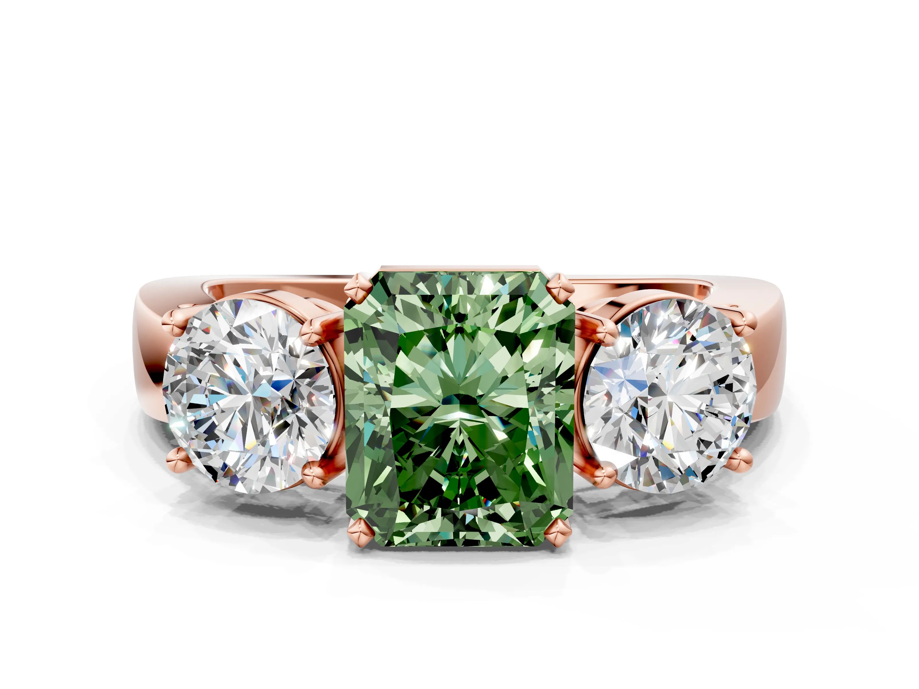 Rose gold Three-Stone Fancy Green Radiant Cut Diamond Ring with Round Side Stones, Classic Band, and Four-Prong Setting