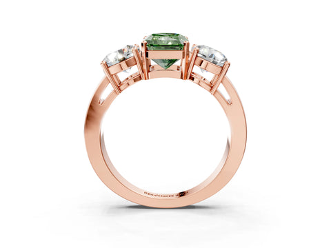 Rose gold Three-Stone Fancy Green Radiant Cut Diamond Ring with Round Side Stones, Classic Band, and Four-Prong Setting_3