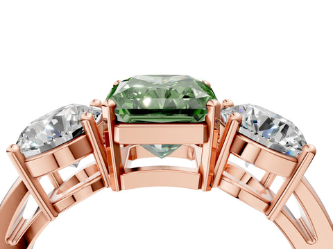 Rose gold Three-Stone Fancy Green Radiant Cut Diamond Ring with Round Side Stones, Classic Band, and Four-Prong Setting_4