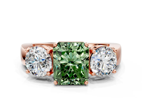 Rose gold Three-Stone Fancy Green Radiant Cut Diamond Ring with Round Side Stones, Classic Band, and Four-Prong Setting