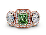 Rose gold Three-Stone Fancy Green Radiant Cut Halo Diamond Milgrain Band with Four-Prong Setting