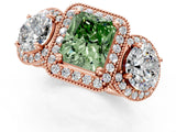 Rose gold Three-Stone Fancy Green Radiant Cut Halo Diamond Milgrain Band with Four-Prong Setting_1