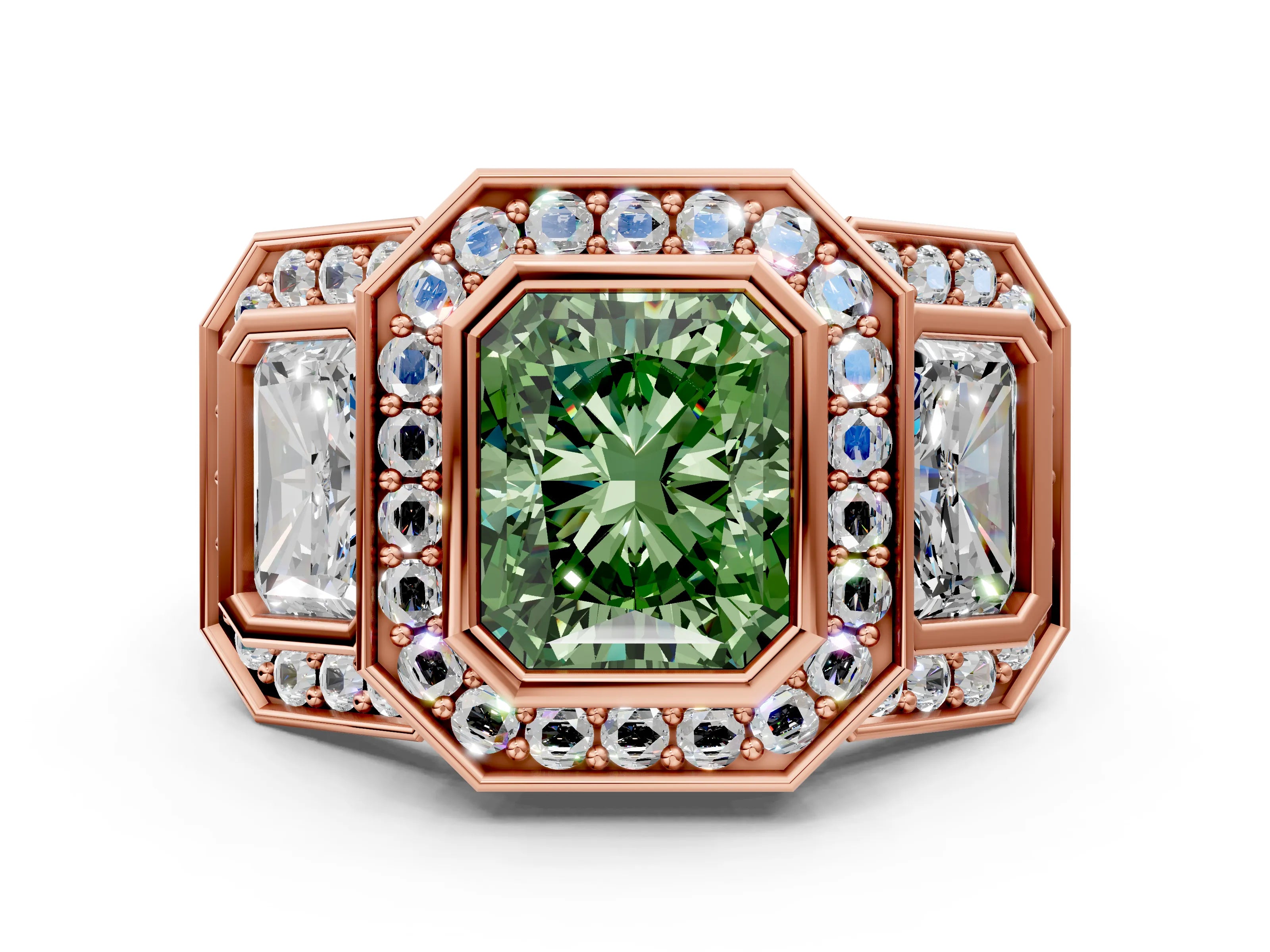 Rose gold Three-Stone Fancy Green Radiant Cut Halo Pavé Diamond Ring_12