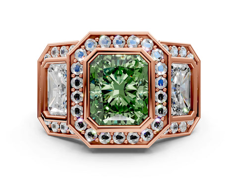 Rose gold Three-Stone Fancy Green Radiant Cut Halo Pavé Diamond Ring_12