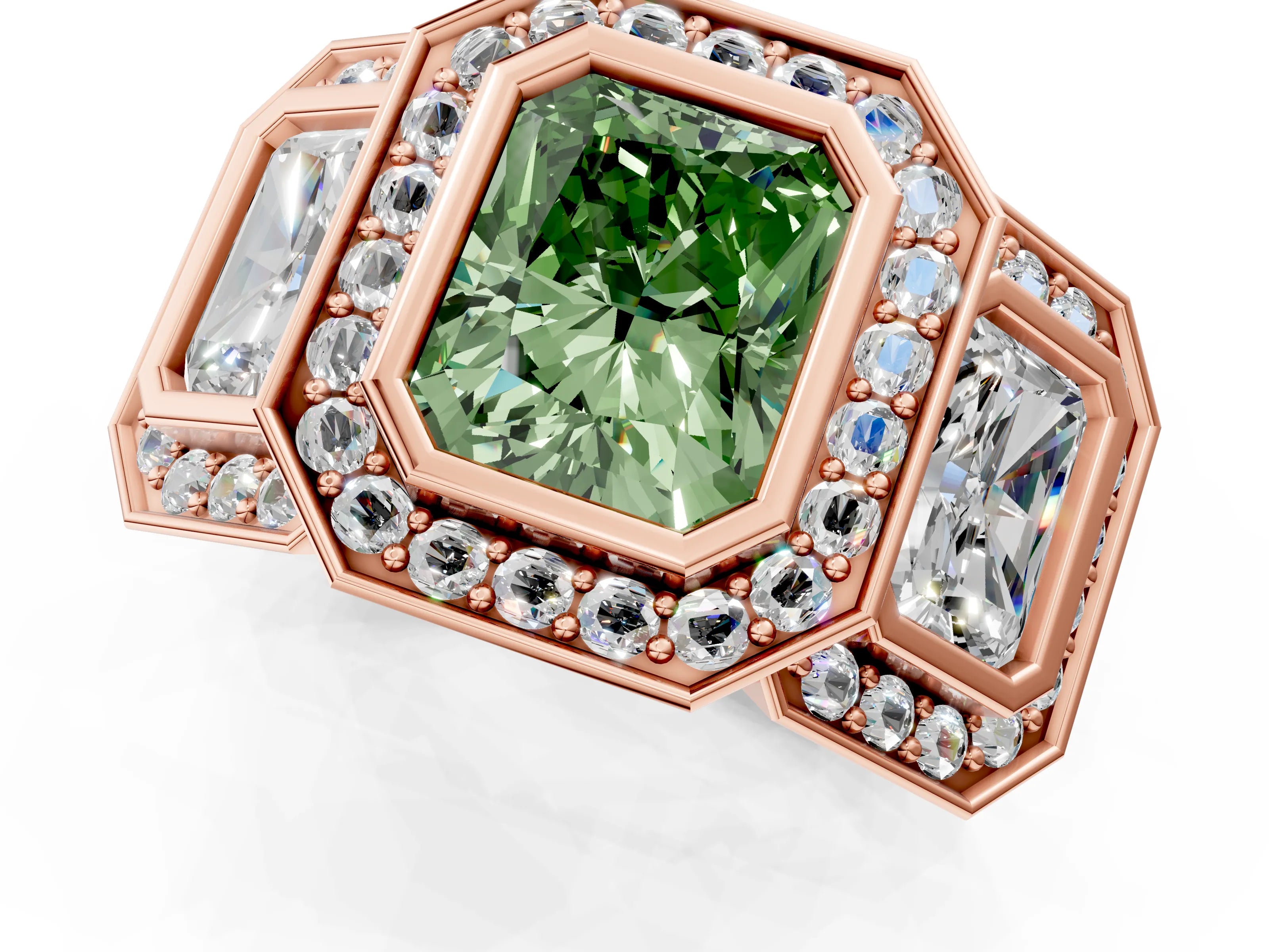 Rose gold Three-Stone Fancy Green Radiant Cut Halo Pavé Diamond Ring_13
