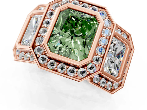 Rose gold Three-Stone Fancy Green Radiant Cut Halo Pavé Diamond Ring_13