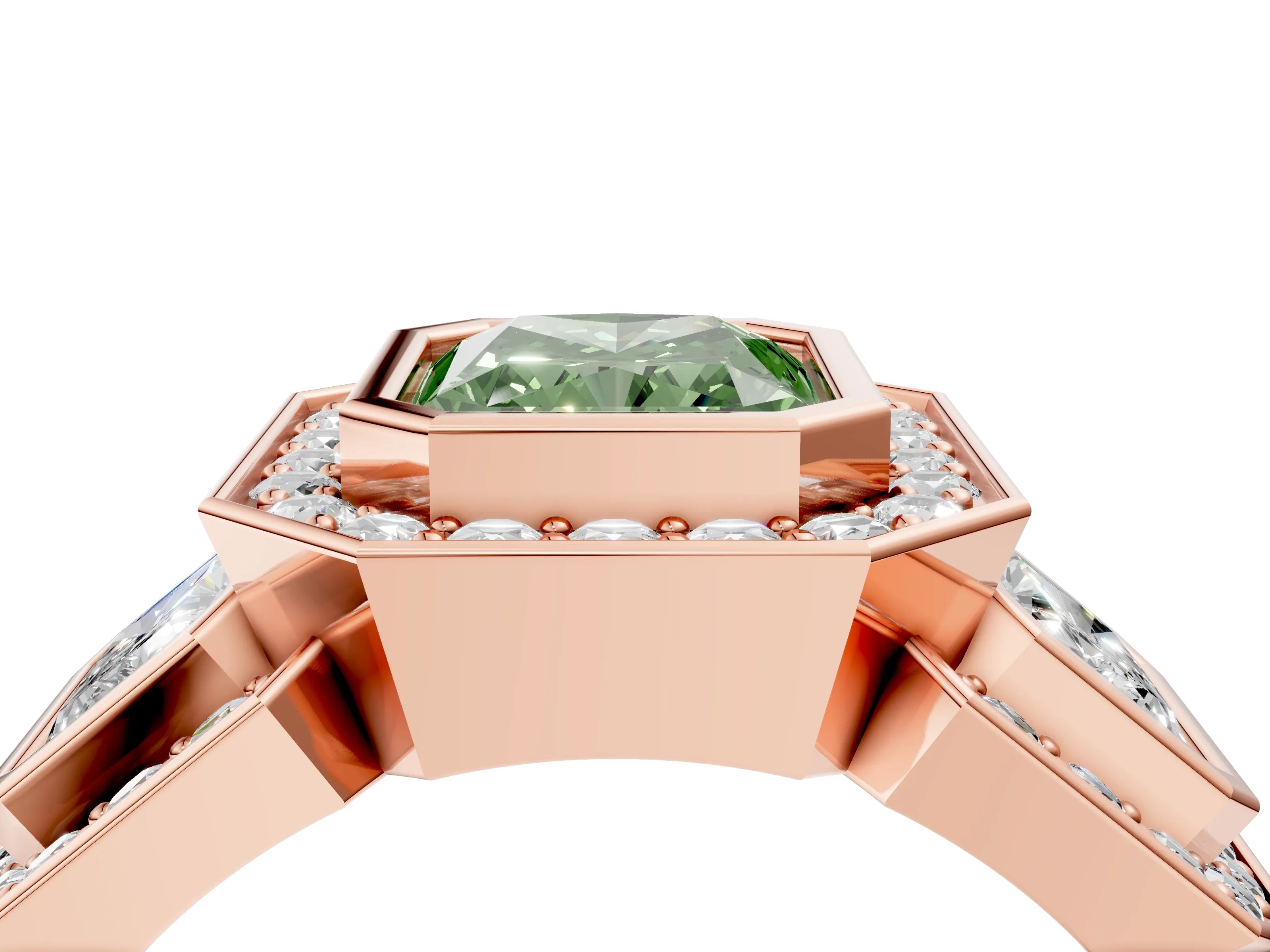 Rose gold Three-Stone Fancy Green Radiant Cut Halo Pavé Diamond Ring_16