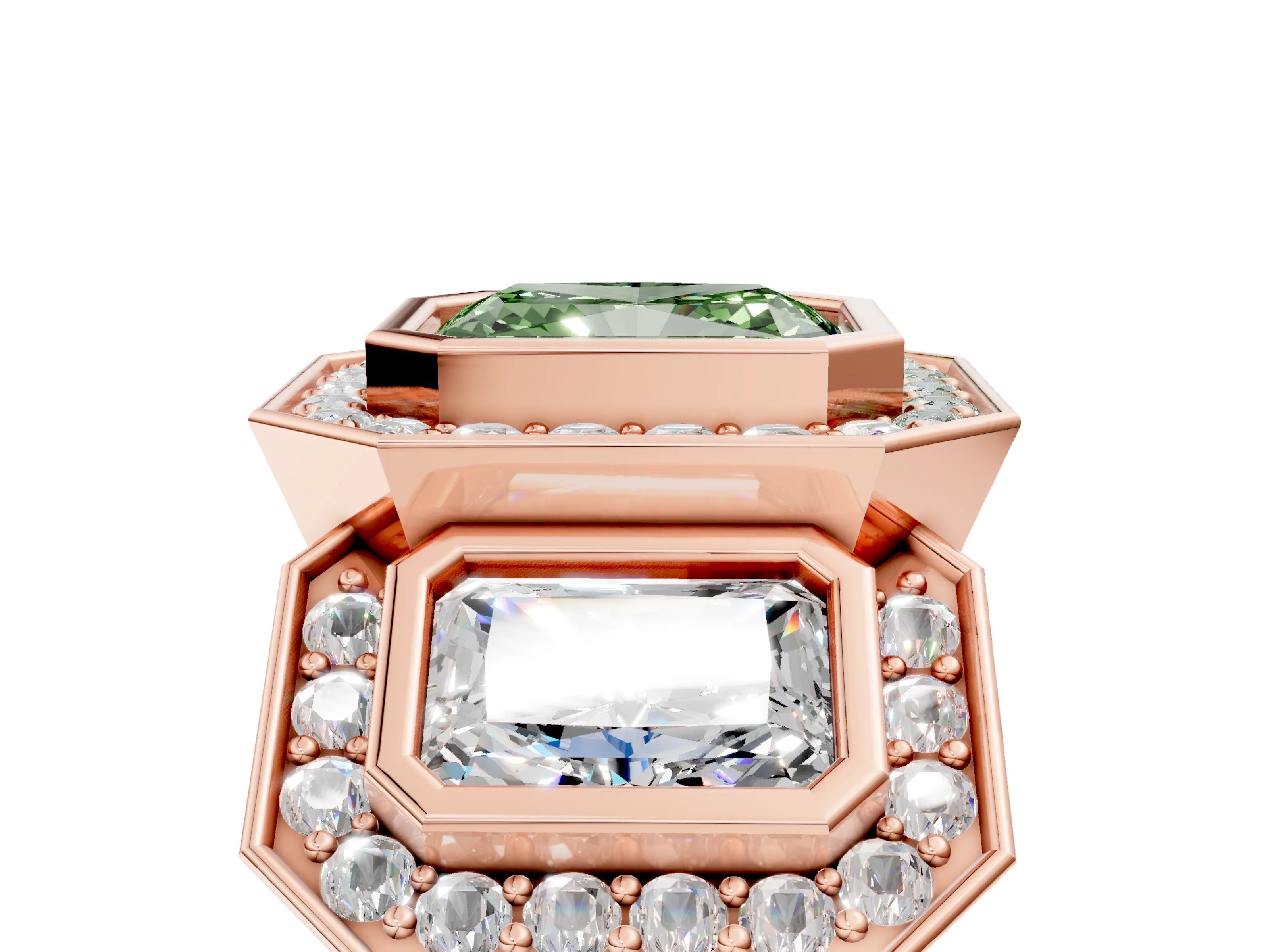 Rose gold Three-Stone Fancy Green Radiant Cut Halo Pavé Diamond Ring_17