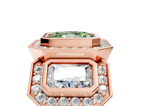 Rose gold Three-Stone Fancy Green Radiant Cut Halo Pavé Diamond Ring_17