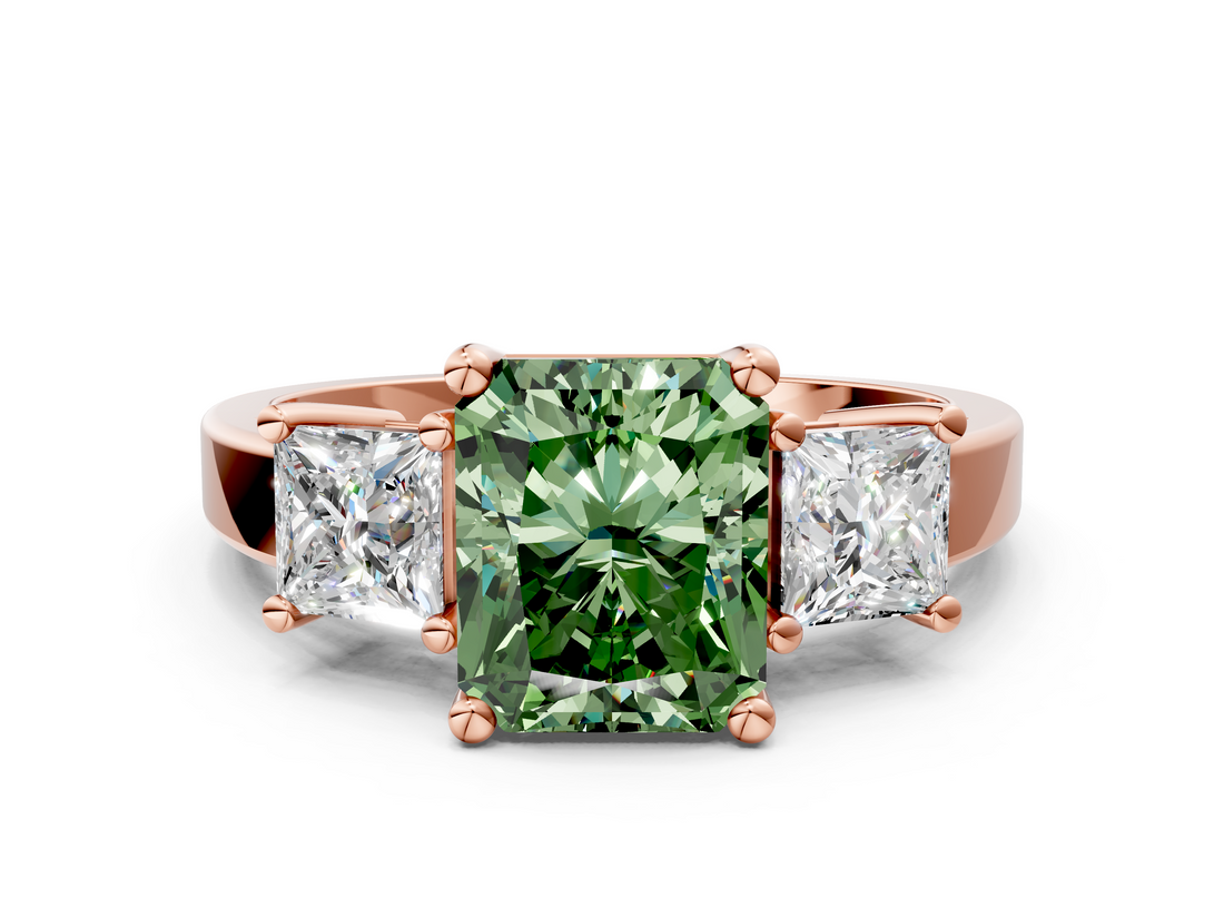 Rose gold Three-Stone Fancy Green Radiant  Cut Solitaire Ring with Prong Setting_3