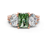 Rose gold Three-Stone Fancy Green Radiant  Diamond Milgrain Pave Band with Prong Setting 1
