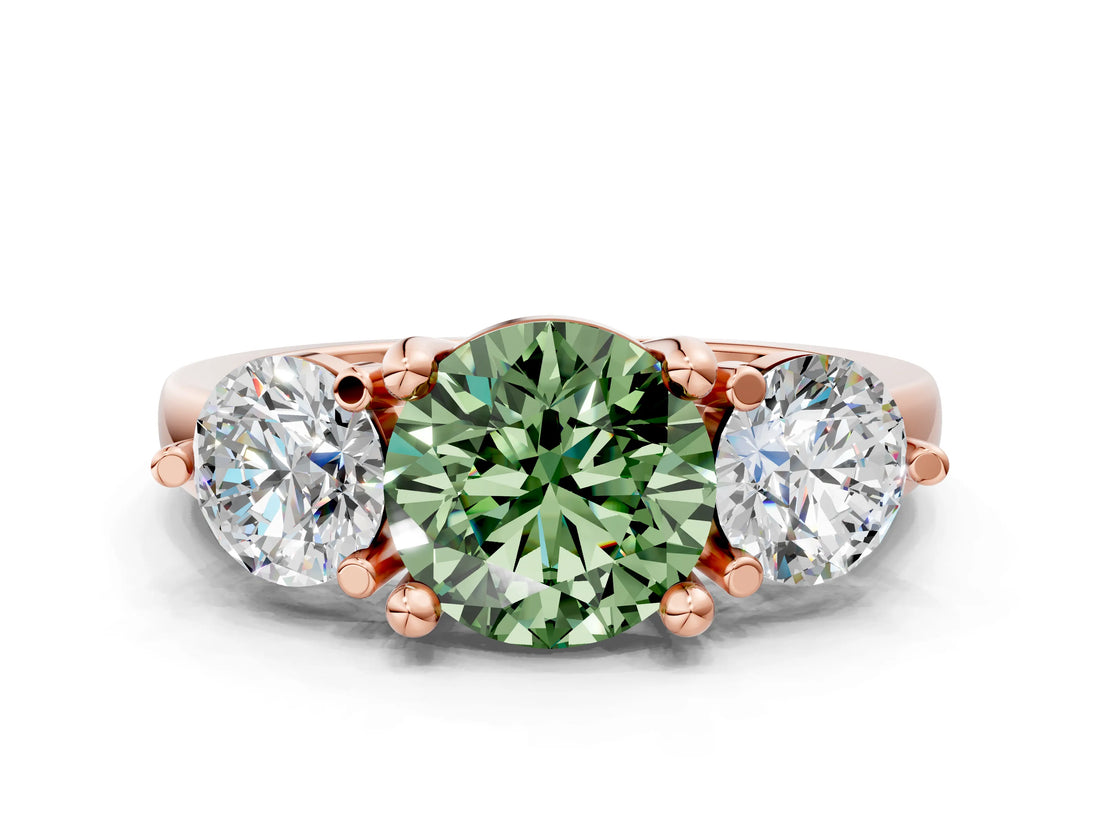Rose gold Three-Stone Fancy Green Round  Brilliant Cut Solitaire Ring with Prong Setting on a Classic Band 1