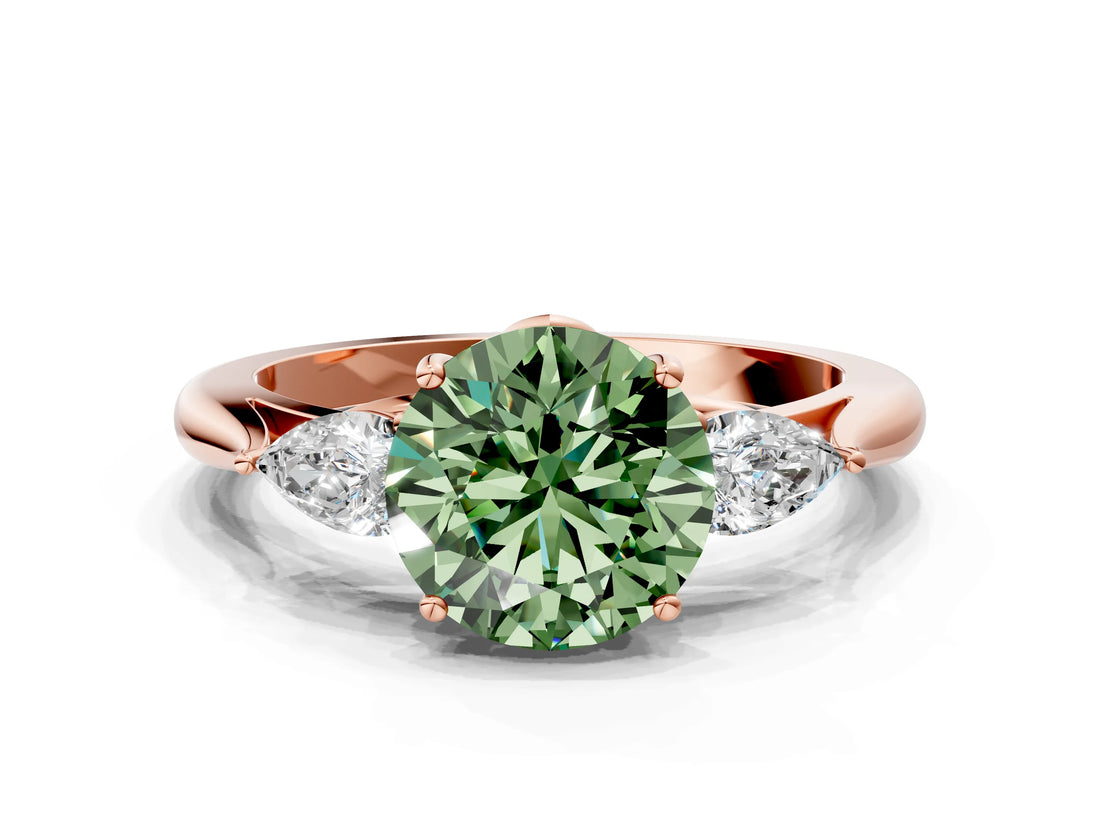 Rose gold Three-Stone Fancy Green Round Cut Brilliant Diamond Solitaire Ring with Tapered Band and Four-Prong Setting_3