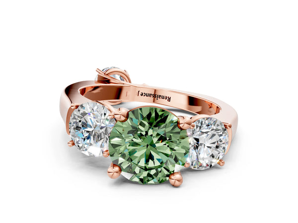 Rose gold Three-Stone Fancy Green Round Cut Brilliant Diamond Trellis Ring with Comfort Fit Band