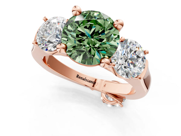 Rose gold Three-Stone Fancy Green Round Cut Brilliant Diamond Trellis Ring with Comfort Fit Band