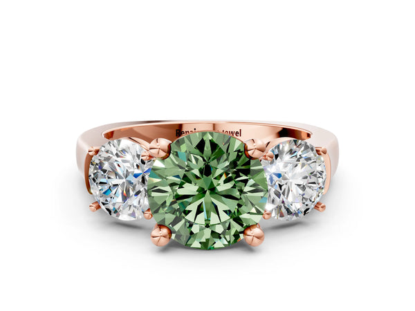 Rose gold Three-Stone Fancy Green Round Cut Brilliant Diamond Trellis Ring with Comfort Fit Band