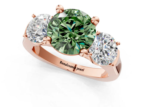 Rose gold Three-Stone Fancy Green Round Cut Brilliant Diamond Trellis Ring with Comfort Fit Band_14