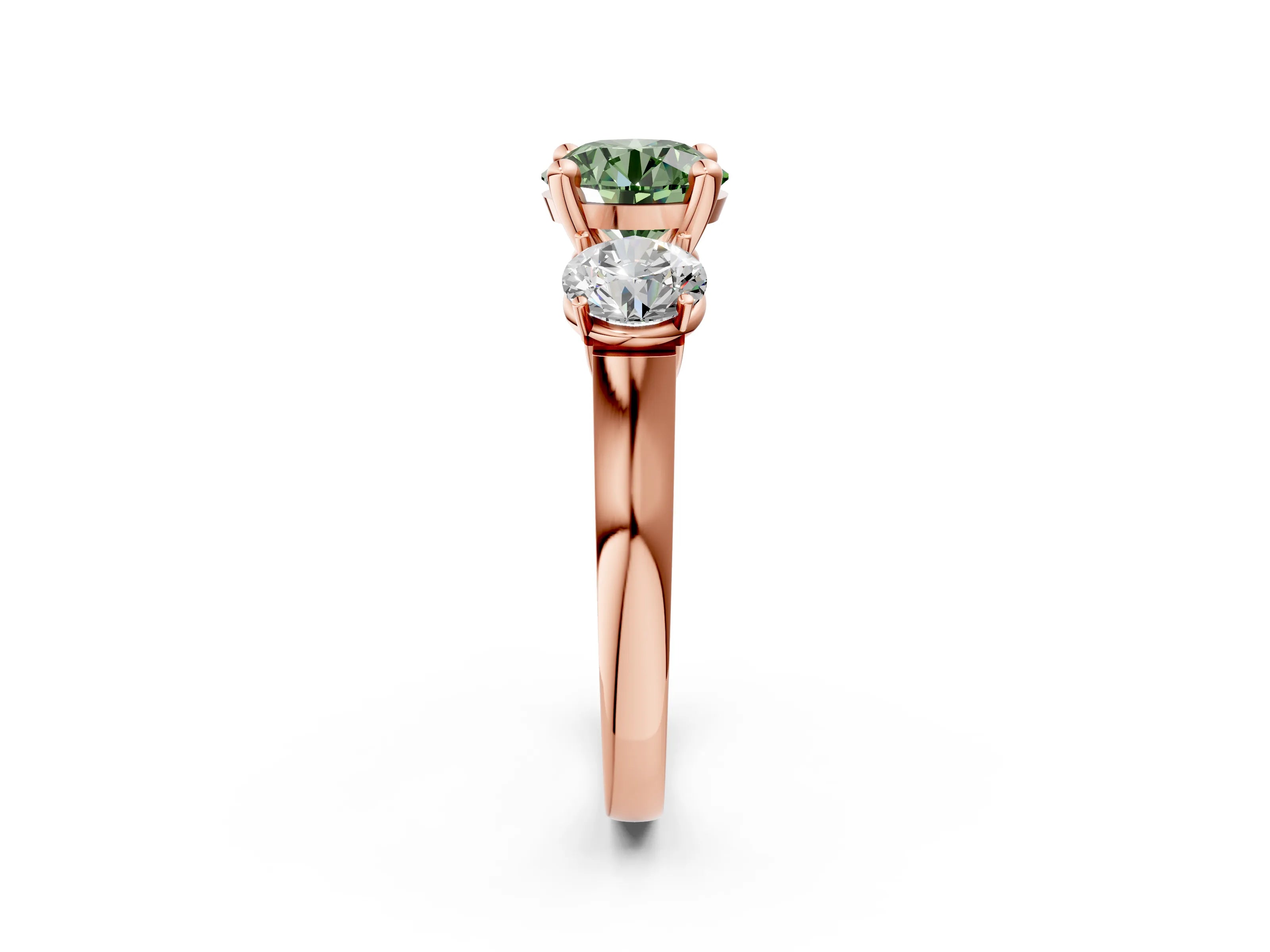 Rose gold Three-Stone Fancy Green Round Cut Brilliant Diamond Trellis Ring with Comfort Fit Band_15