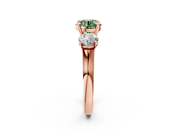 Rose gold Three-Stone Fancy Green Round Cut Brilliant Diamond Trellis Ring with Comfort Fit Band