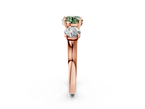 Rose gold Three-Stone Fancy Green Round Cut Brilliant Diamond Trellis Ring with Comfort Fit Band_15